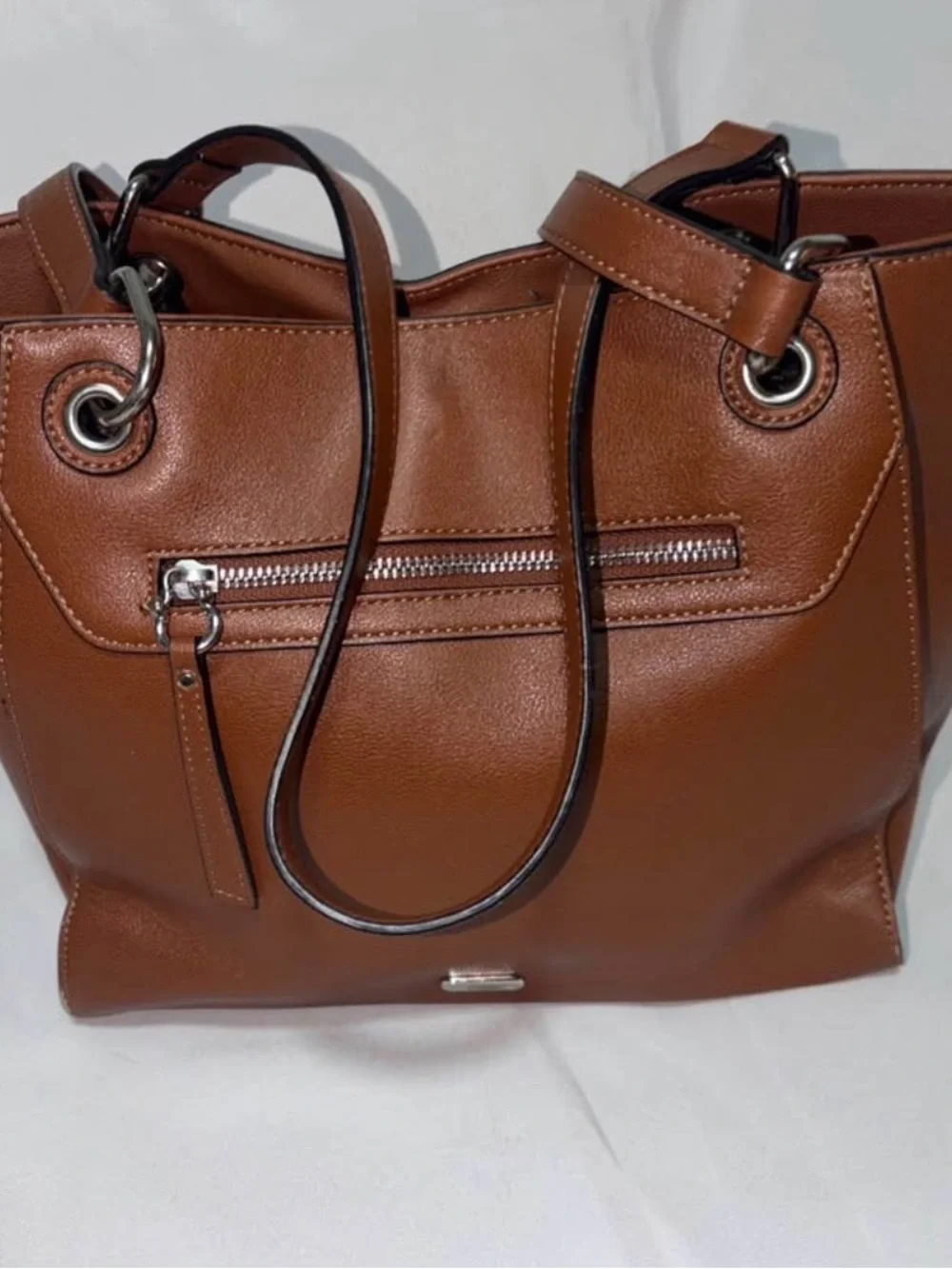 Chaps Brown Faux Leather Tote with Front Zip Pocket